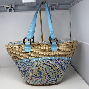 Vera Bradley Capri Blue Woven Straw Beach Tote Seashell Trim Paisley Bag READ
